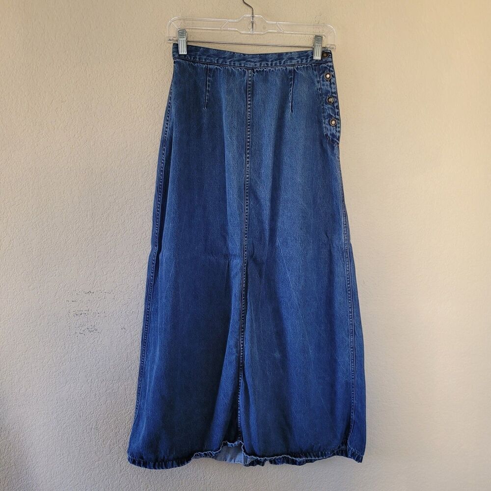 Boston Proper Womens Slit Denim Maxi Skirt Size 8 Buttons Western Boho Cottage
